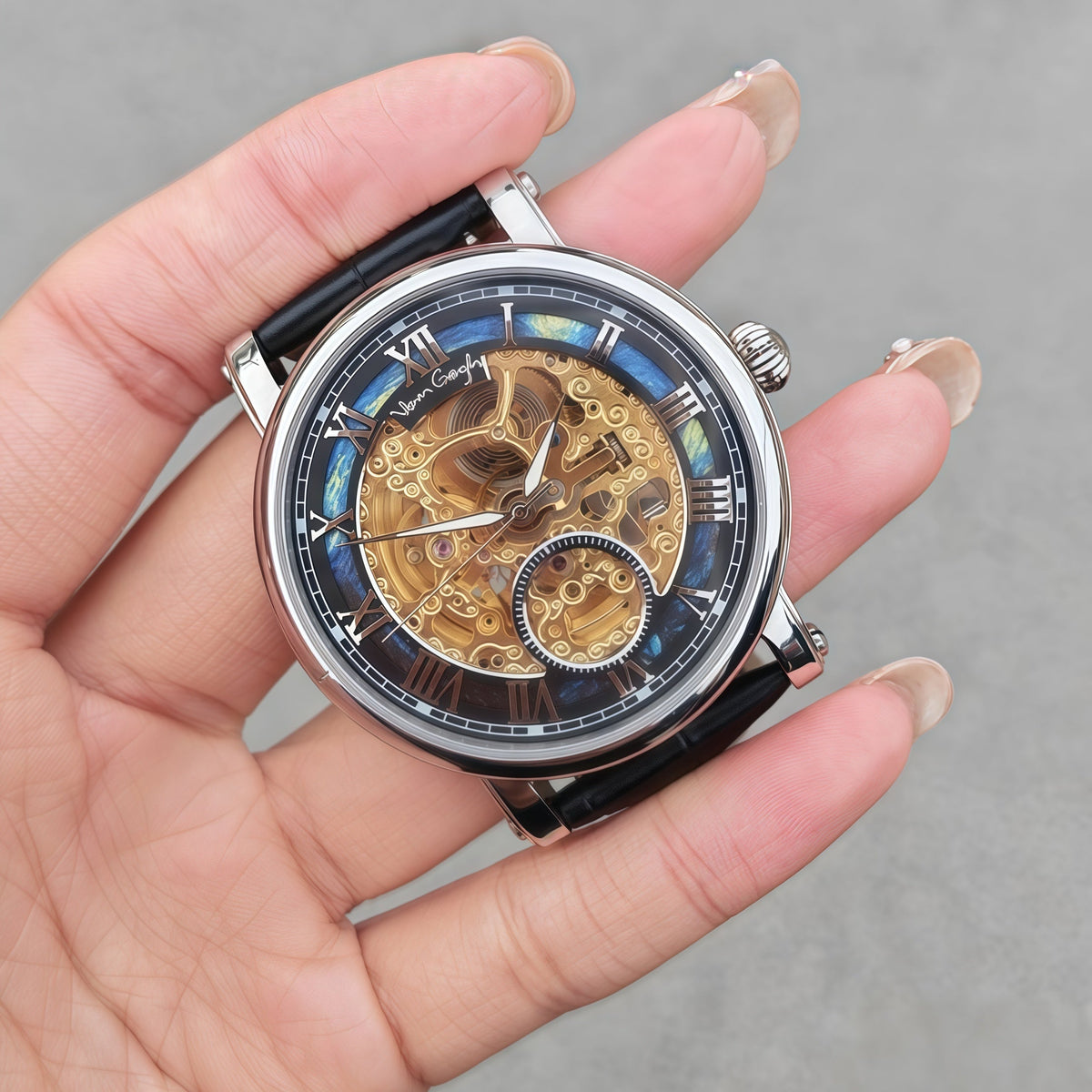 VAN GOGH Starry Night Series Blue Dial Skeleton Mechanical Movement Watch Daily Waterproof Starry Night