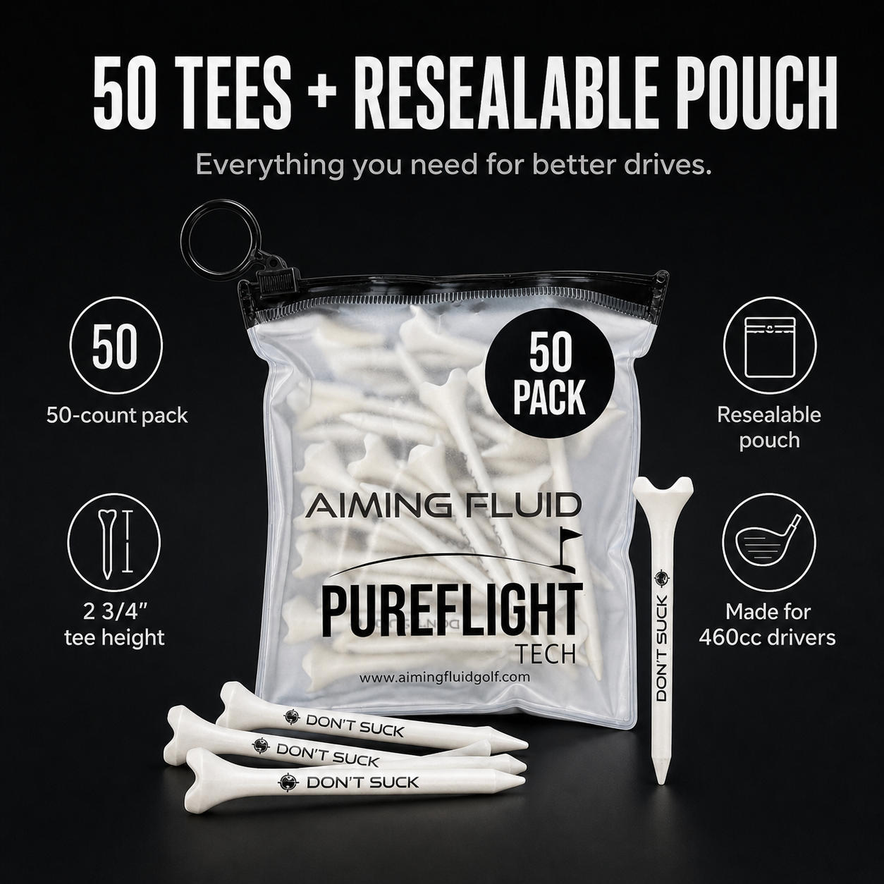 DON’T SUCK™ Golf Tees – PureFlight™ 4-Prong Design (50-Pack)