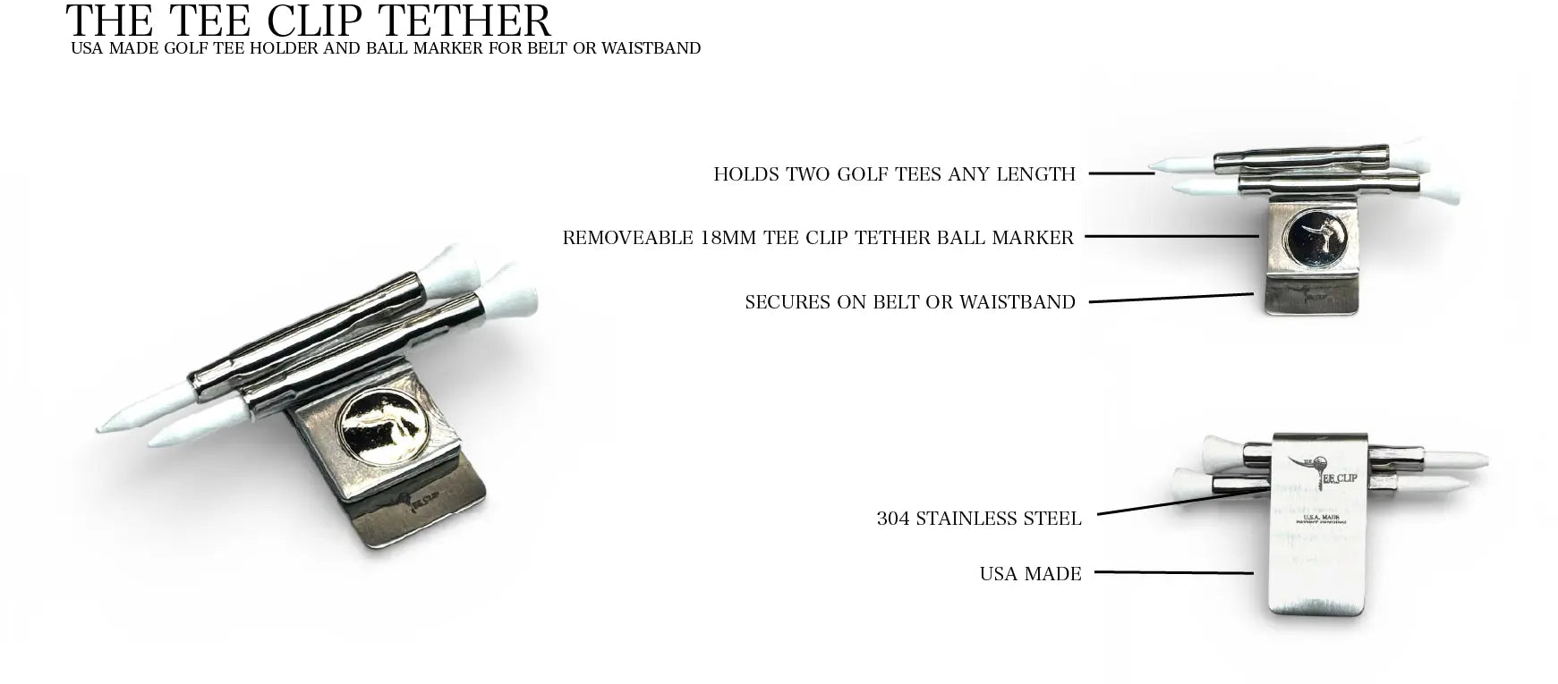 The Tee Clip® Tether™: USA Made | Golf Tee Holder for Belt or Waist| Double Barrels for 2 Tees and 18mm Ball Marker