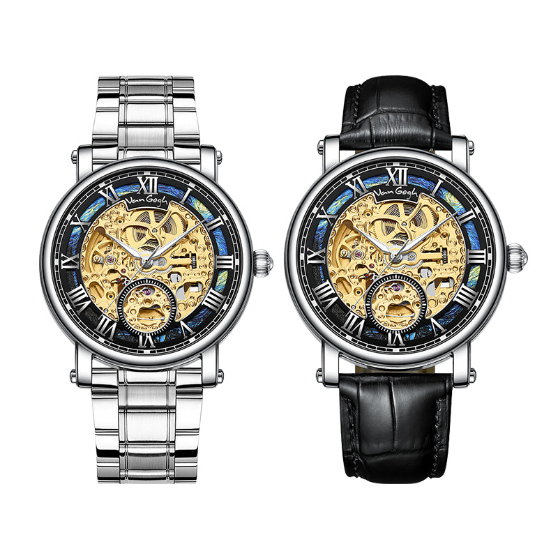 VAN GOGH Starry Night Series Blue Dial Skeleton Mechanical Movement Watch Daily Waterproof Starry Night