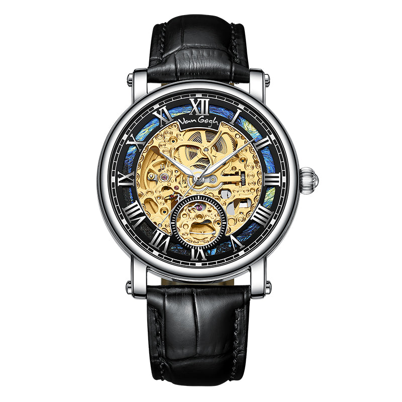 VAN GOGH Starry Night Series Blue Dial Skeleton Mechanical Movement Watch Daily Waterproof Starry Night